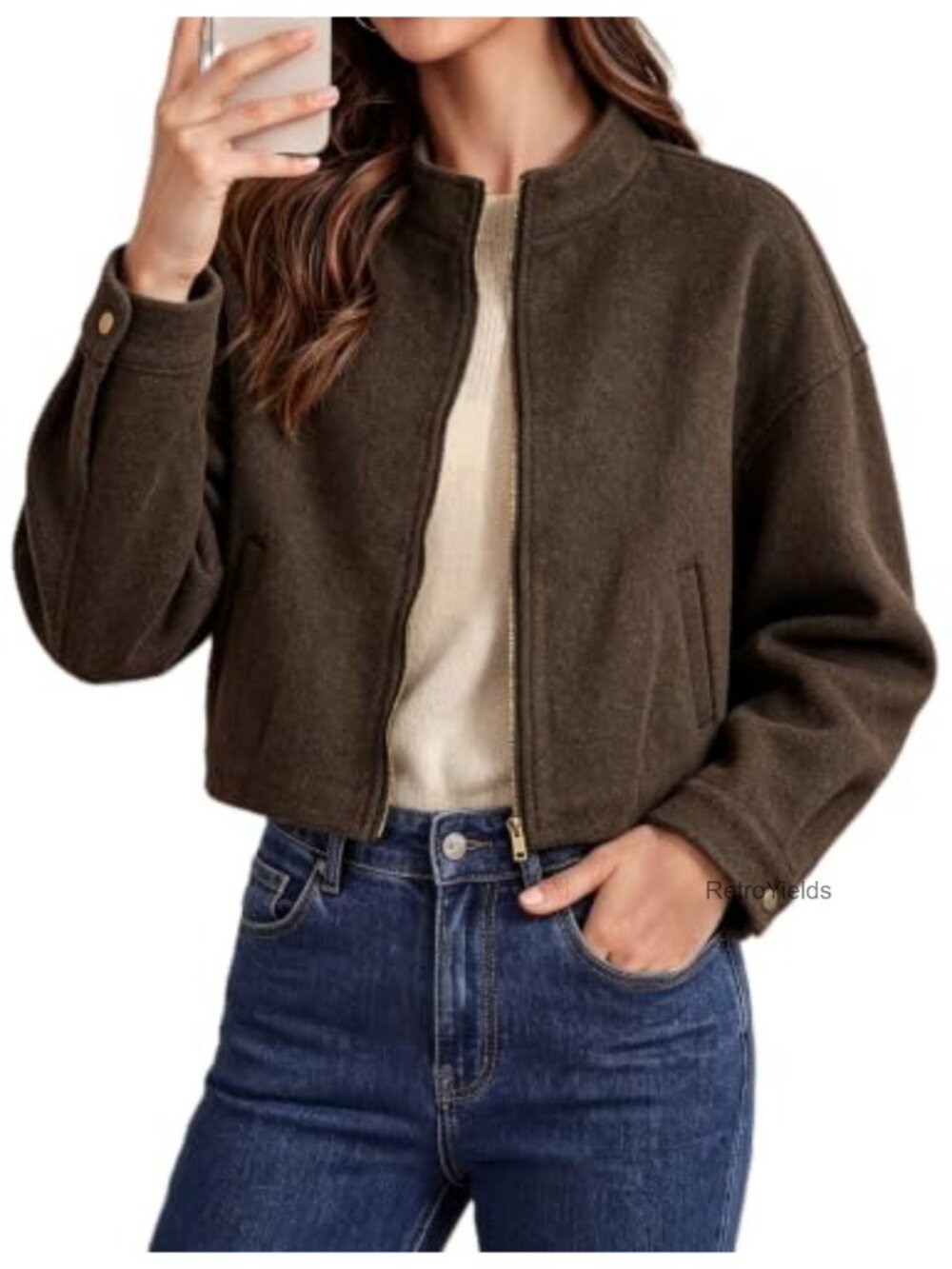 Faux Suede Cropped Bomber Jacket Zip Up Casual Coat Women's